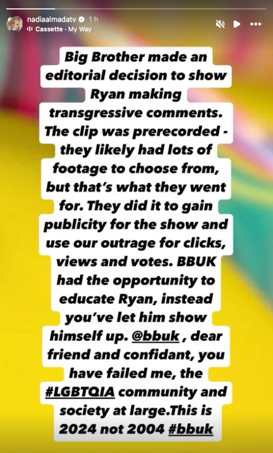 Big Brother icon Nadia Almada says show has ‘failed her’ for airing Ryan’s pronouns remarks --[Reported by Umva mag]