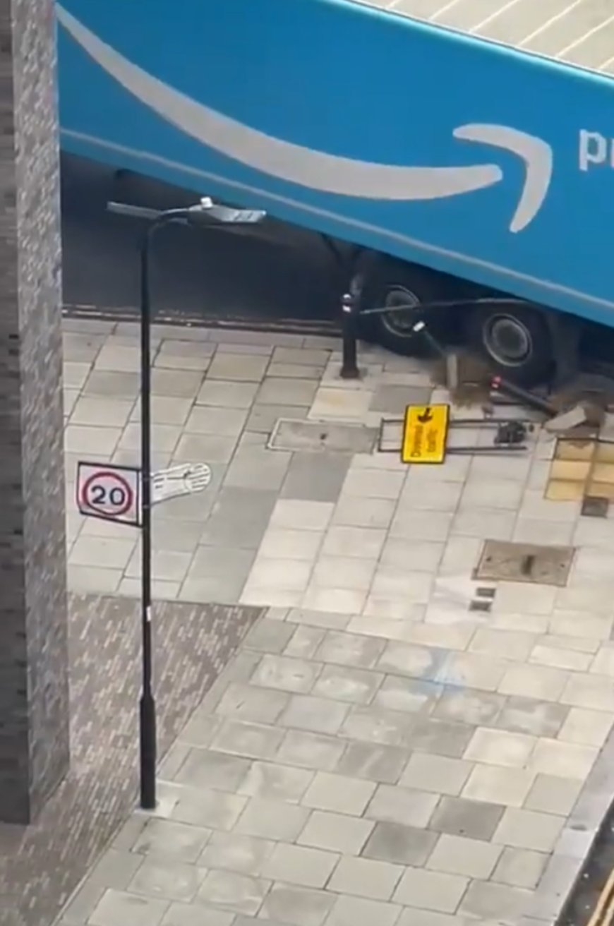 Amazon delivery lorry leaves trail of destruction in its wake, after mounting pavement, cracking flagstones and destroying bollards  --[Reported by Umva mag]